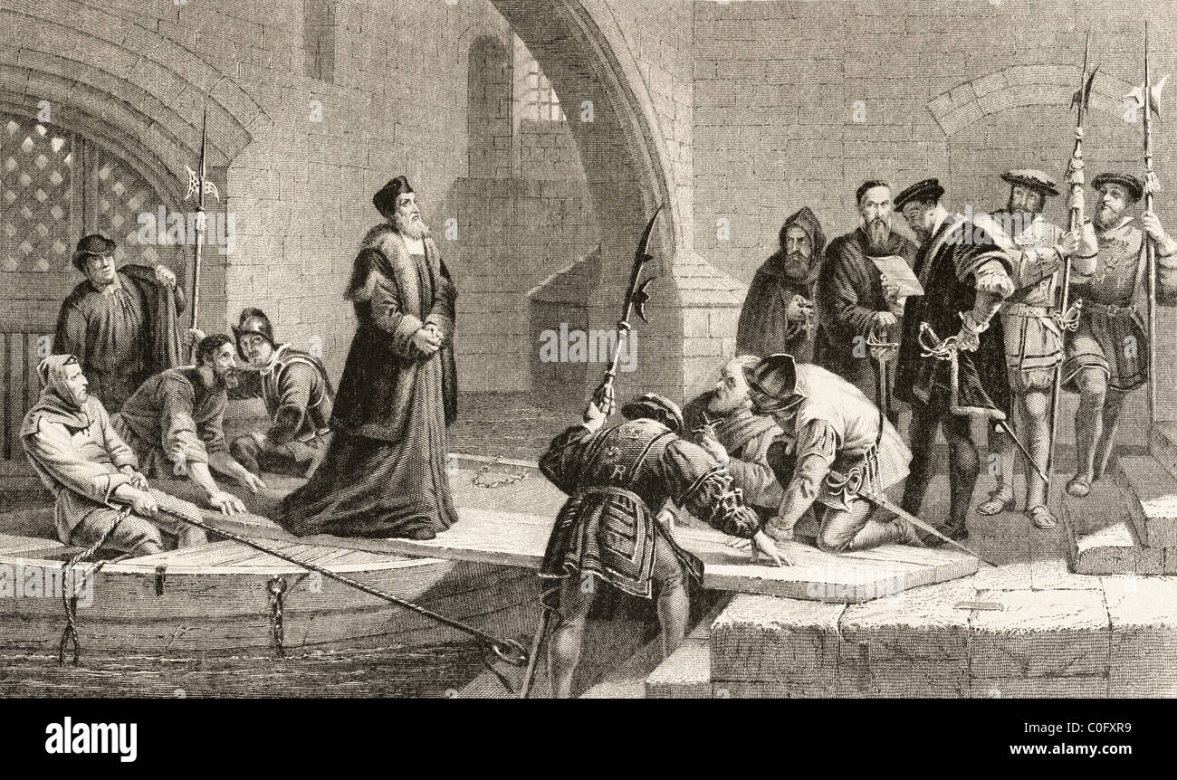 Cranmer entrant dans la Tour de Londres par la porte des traîtres, d'être jugé pour trahison. Banque D'Images