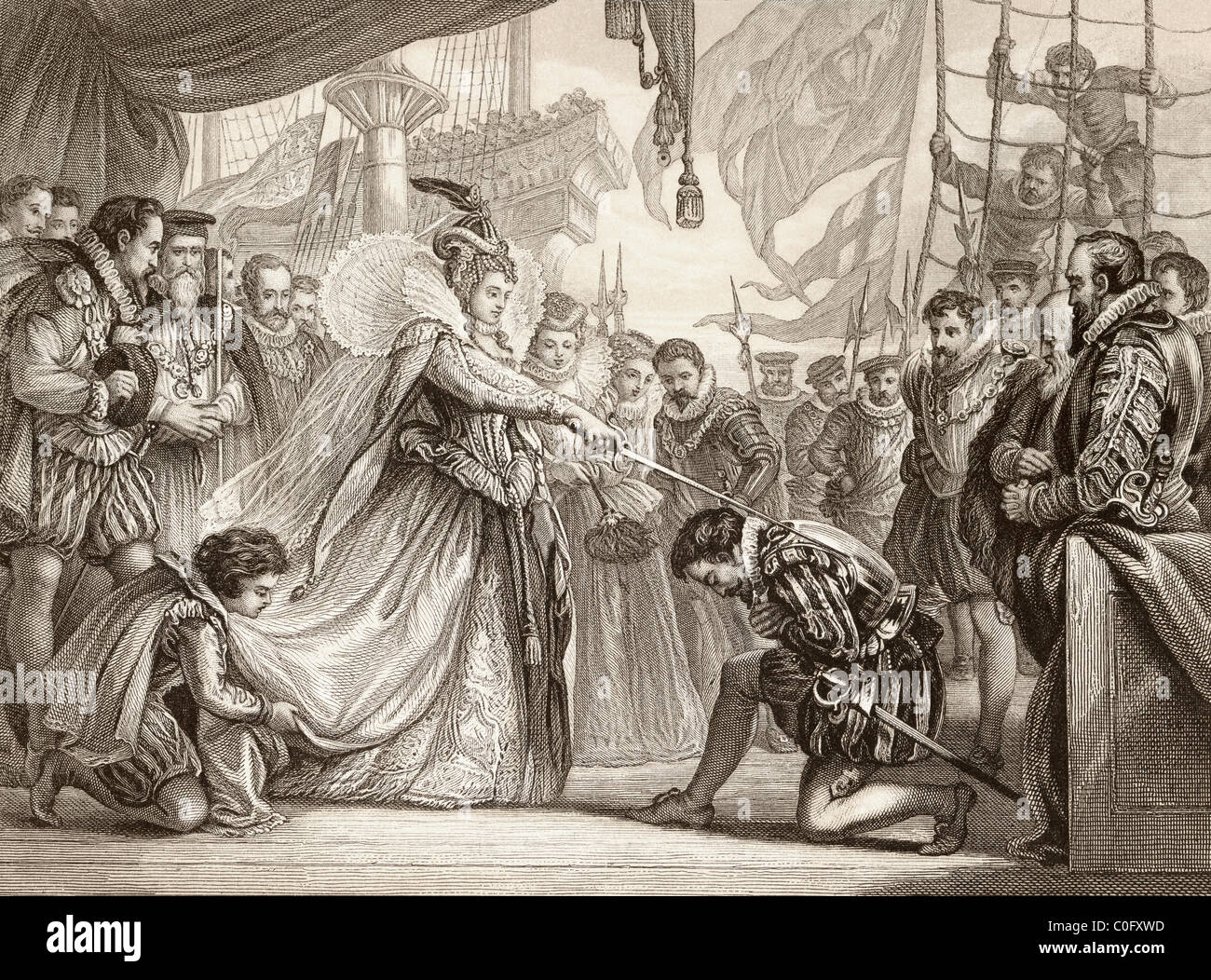 La reine Elizabeth knighting Sir Francis Drake à bord du Golden Hind à Deptford, Londres, 4 avril 1581. Banque D'Images