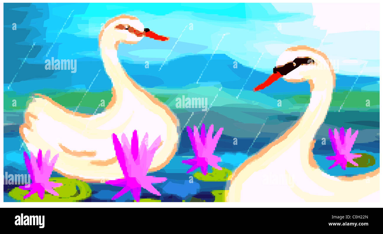 Peinture numérique de canards. L'artiste, c'est profiter de la beauté d'une paire de canards avec les fleurs de lotus dans un lac. Banque D'Images