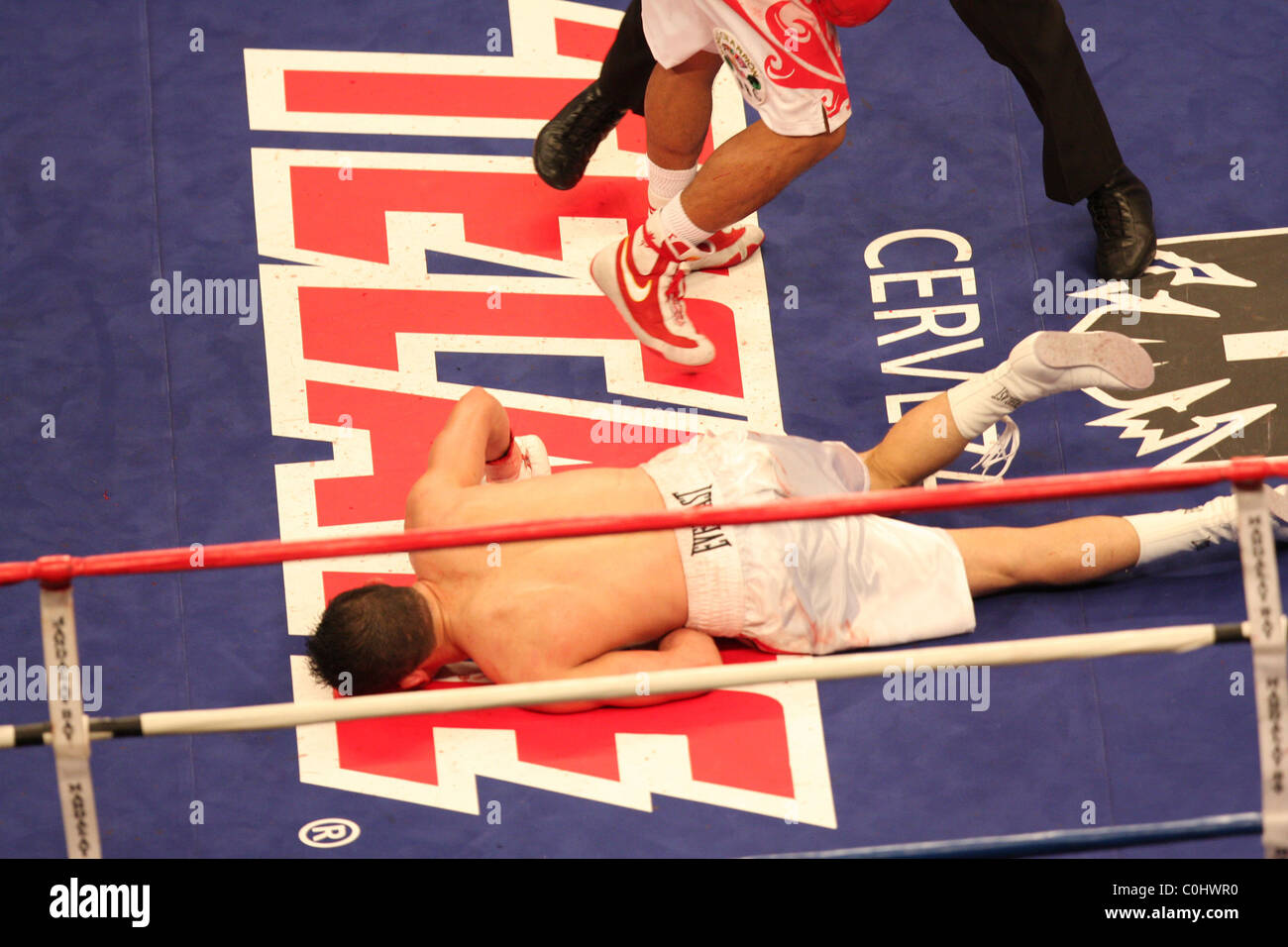 Manny Pacquiao (l) bat David Diaz (r) par KO technique à la neuvième manche pour le titre léger WBC au Mandalay Bay Banque D'Images