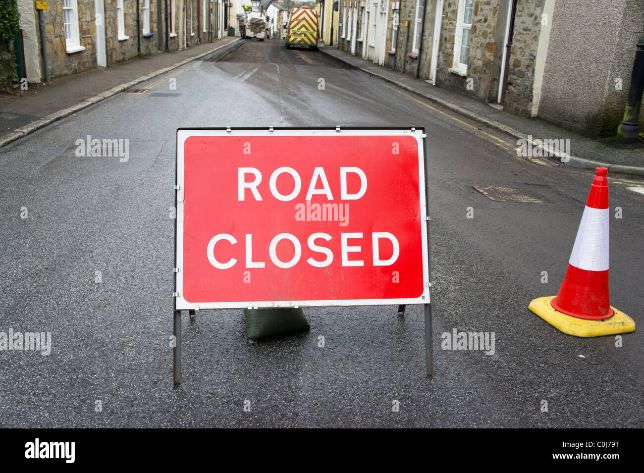 Une route fermée pour travaux, Cornwall, uk Banque D'Images