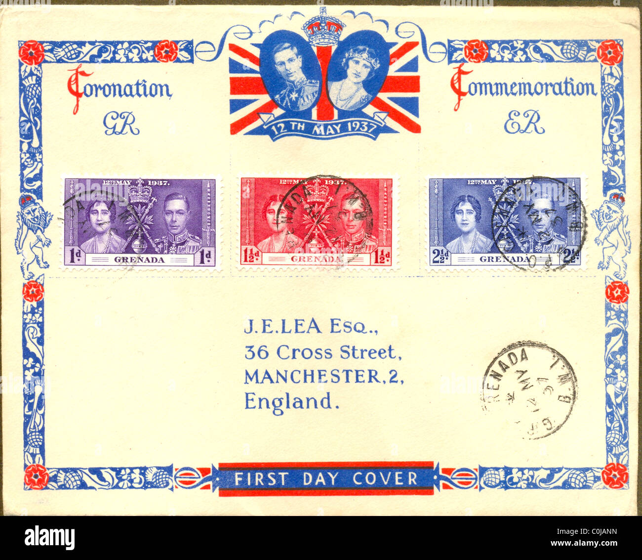 Le pli premier jour du couronnement de la Grenade, British West Indies Banque D'Images