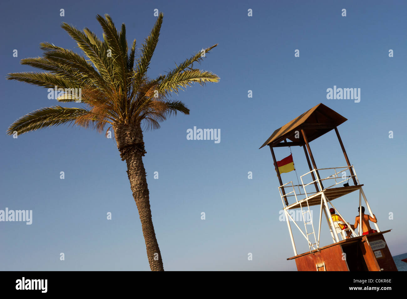 Watch sauveteurs sur une tour près d'un palmier sur la plage Mackenzie, Larnaca, Chypre. Banque D'Images