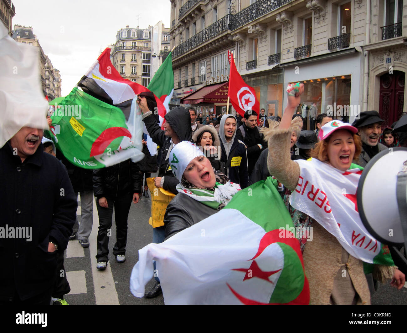 Paris, France, Libye manifestation, à l'appui de la révolution libyenne, foule avec les drapeaux des pays arabes mouvement des protestations du printemps arabe, printemps arabe, politique internationale, 2011 paris algérien Banque D'Images