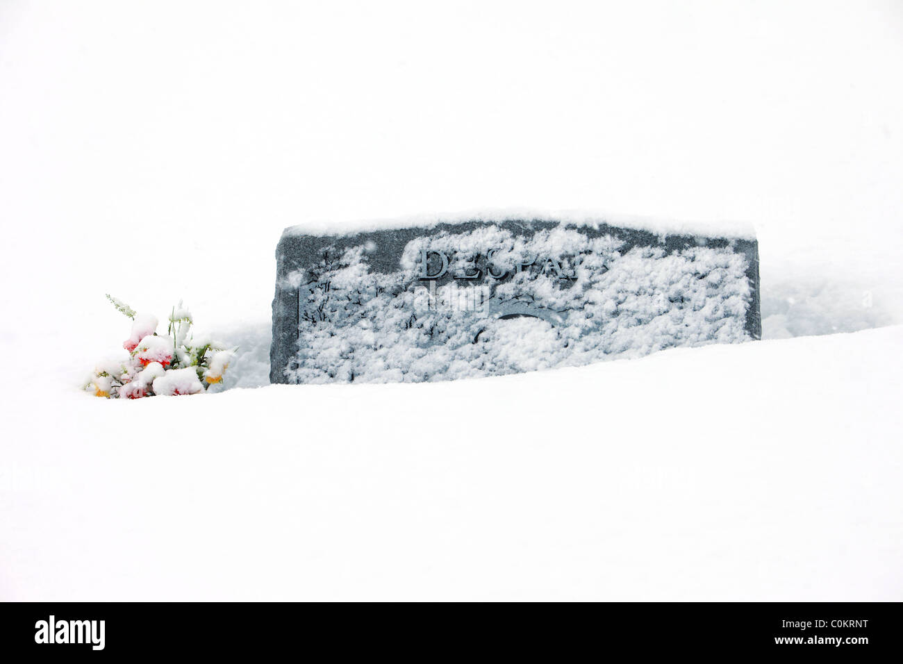 Pierre tombale au cimetière avec des fleurs dans la neige profonde. La saison d'hiver donnant une connotation religieuse et froid. Banque D'Images