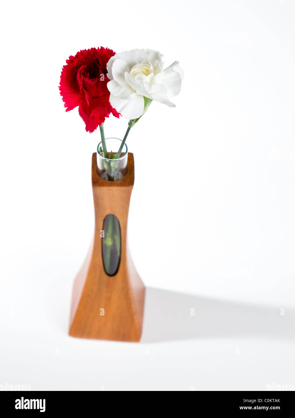 Seul le rouge et le blanc des fleurs d'oeillet de pulvérisation dans un vase en teck sculpté avec ouverture unique montrant la tige Banque D'Images