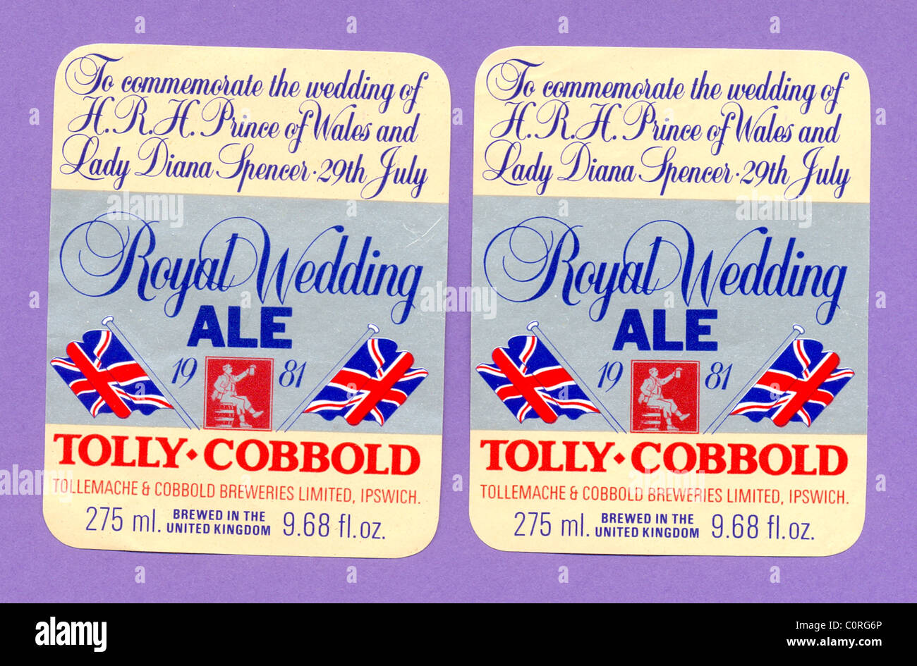 Étiquettes de bouteilles de bière 1981 Mariage Royal Banque D'Images