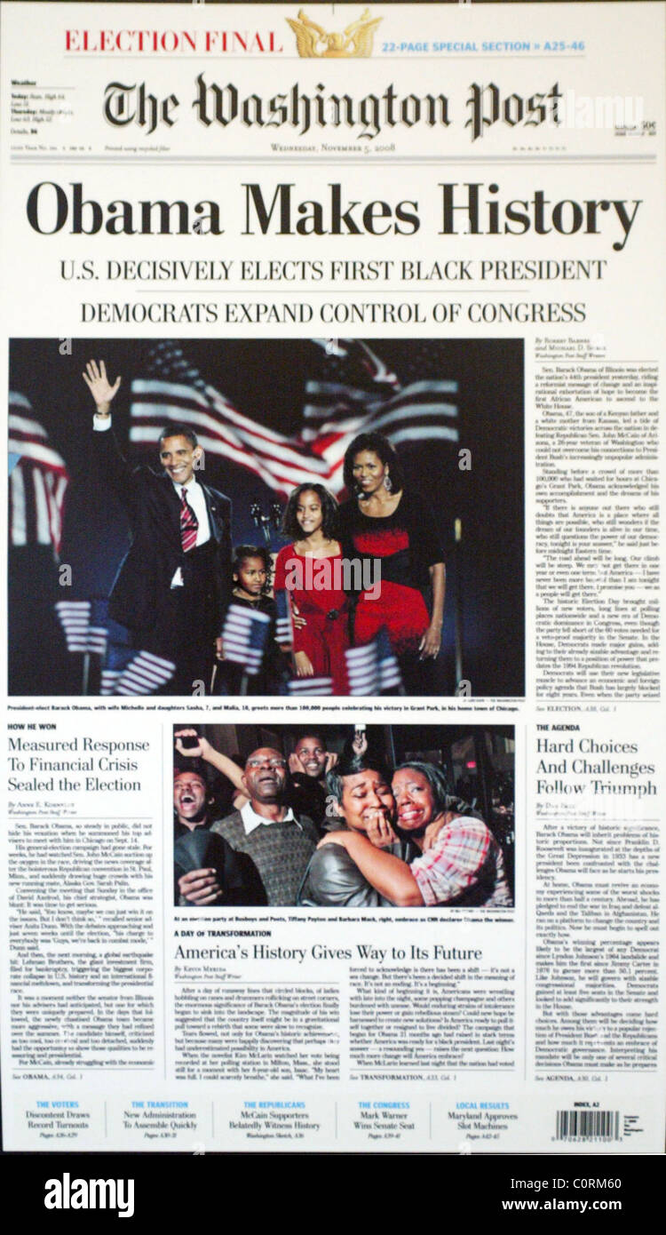 Le Washington Post Barack Obama Victoire Titres Washington DC - 05.11.08 Photo Stock - Alamy