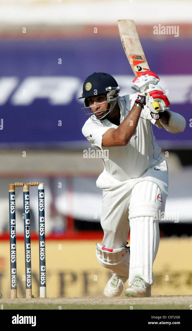 VVS Laxman Jour 2 de l'Angleterre et l'Inde 1er jeu de cricket Test Chennai, Inde - 12.12.08 Banque D'Images