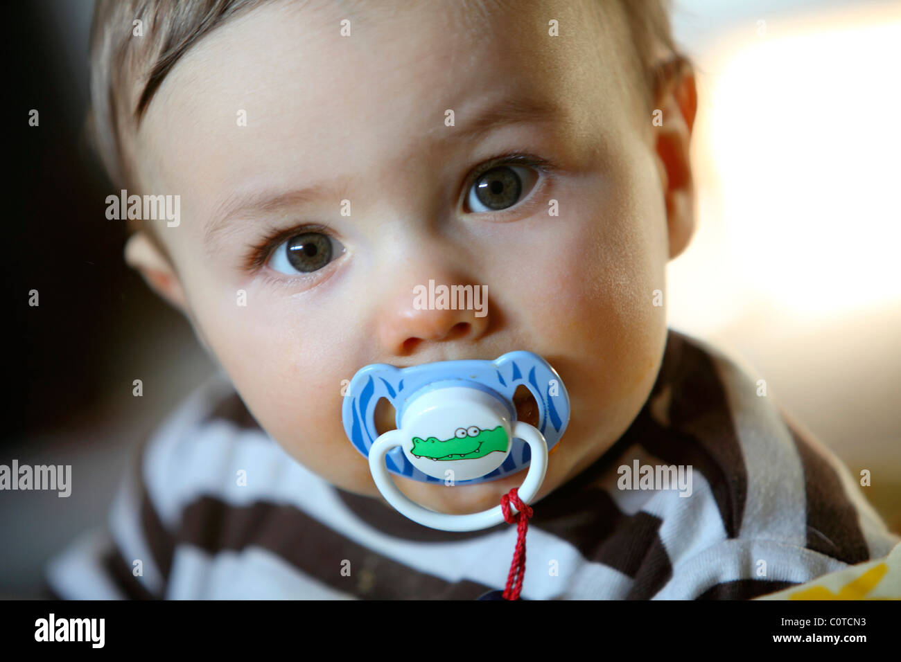 Bébé garçon, 10 mois, avec un bébé-dummy, à la Friendly, à la maison. Banque D'Images