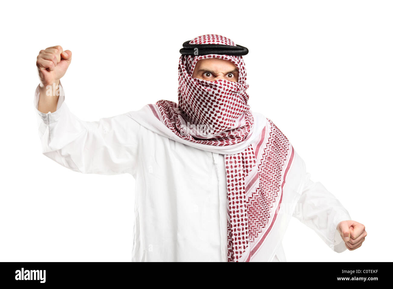Un homme arabe furieux avec couverts pour protester face Banque D'Images