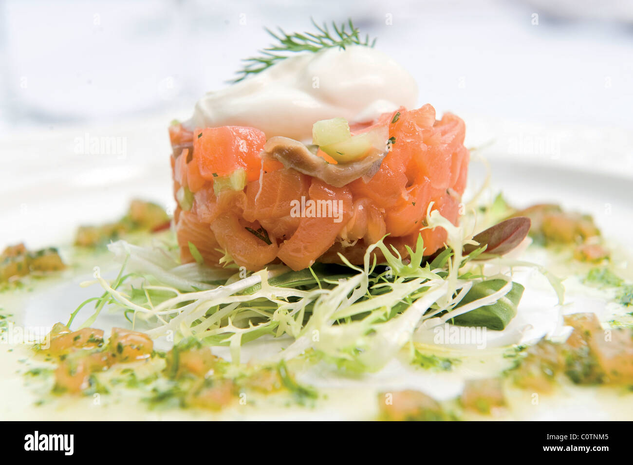 Le saumon sauvage séché avec de raifort et crème fraîche. Banque D'Images