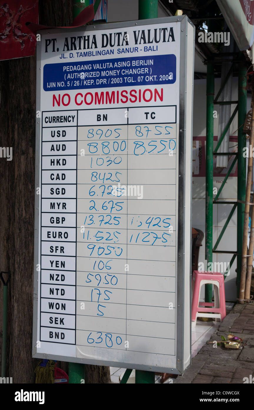 Les taux de change indiqué à l'extérieur du bureau du changeur de monnaie à Jalan Danau Tamblingan Sanur Bali Banque D'Images
