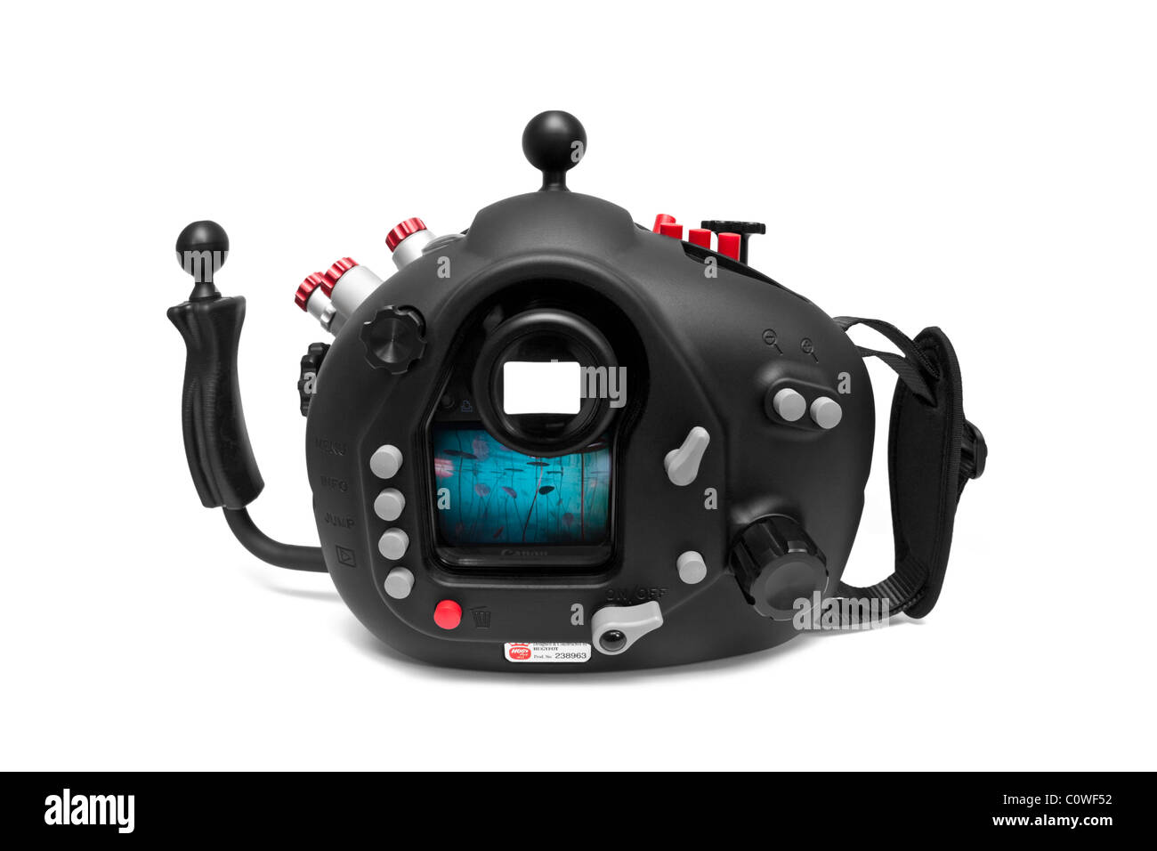 Un boîtier de caméra étanche Hugyfot pour appareil photo numérique réflex Canon EOS 5D (vue arrière). Banque D'Images