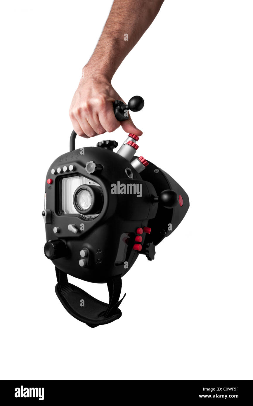 Un boîtier de caméra étanche Hugyfot pour appareil photo numérique réflex Canon EOS 5D. Banque D'Images