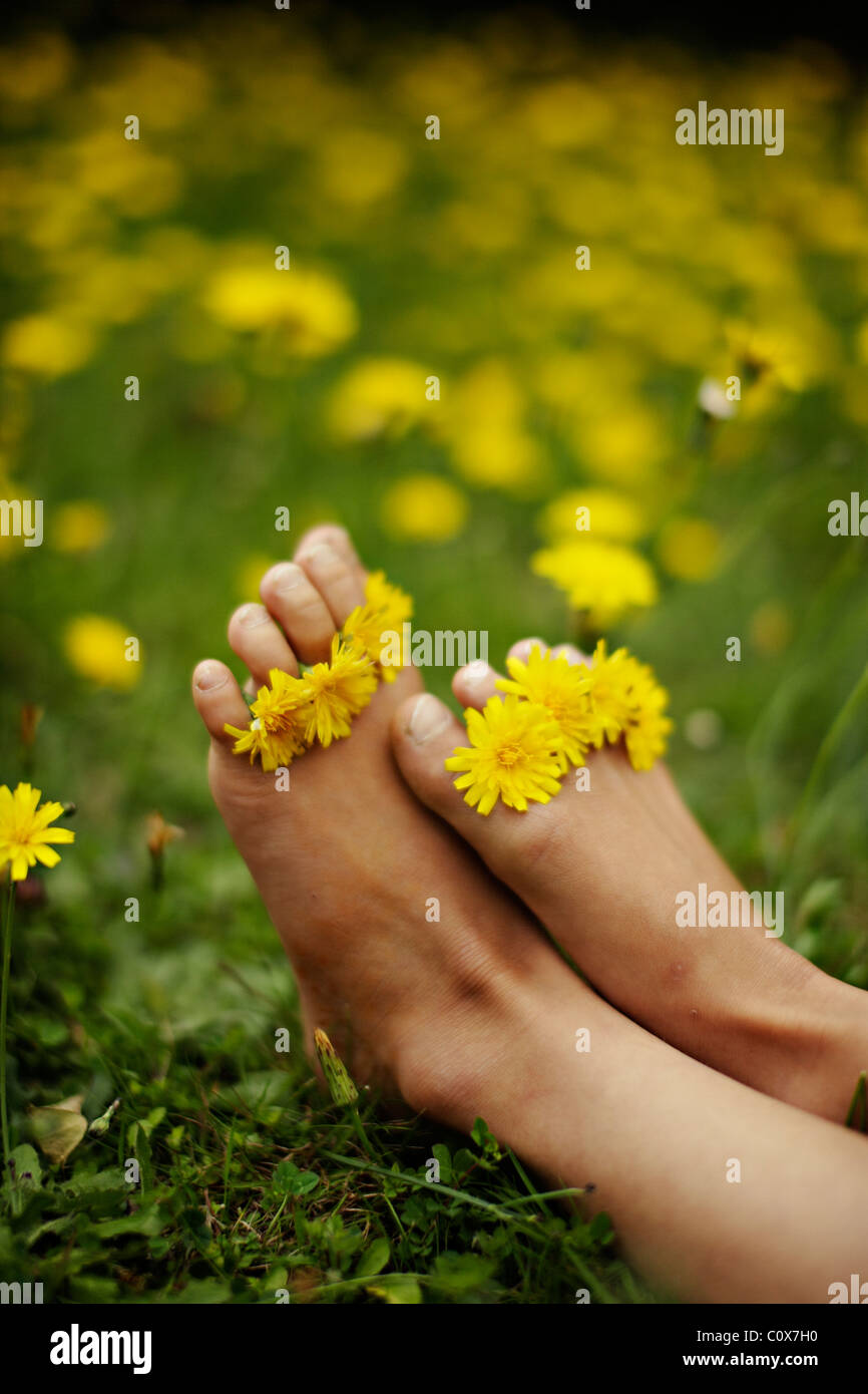 Fleurs jaune met fille entre ses orteils. Banque D'Images