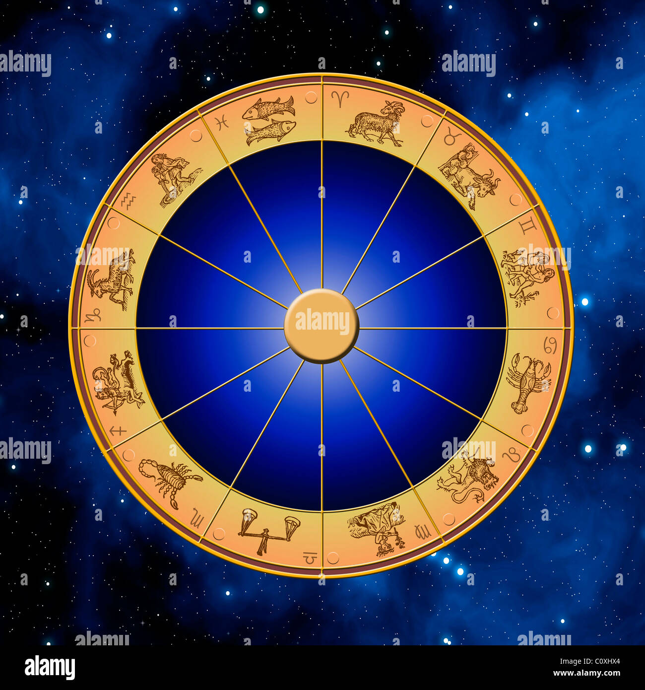 Roue d'astrologie avec tous les signes du zodiaque Banque D'Images