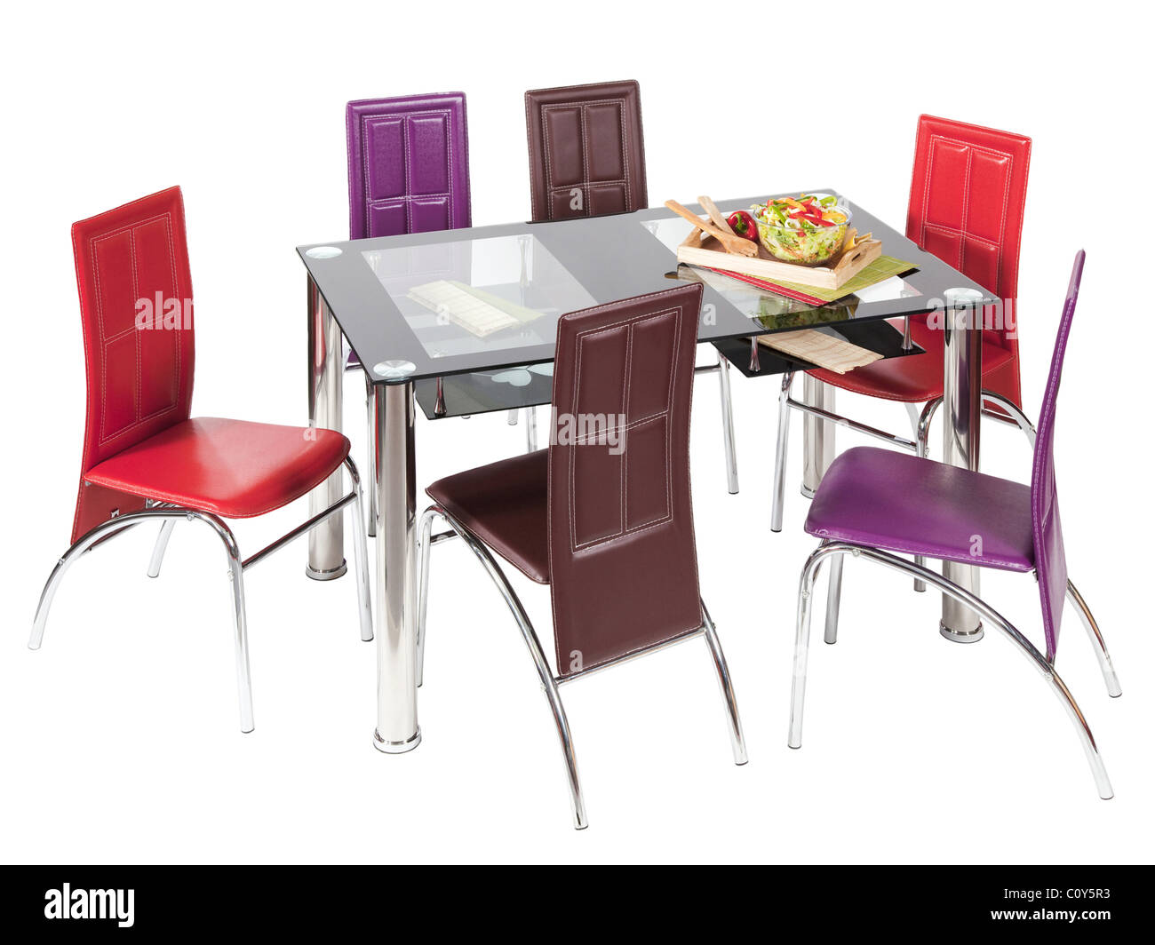 Plateau en verre table de salle à manger et chaises - isolé Banque D'Images