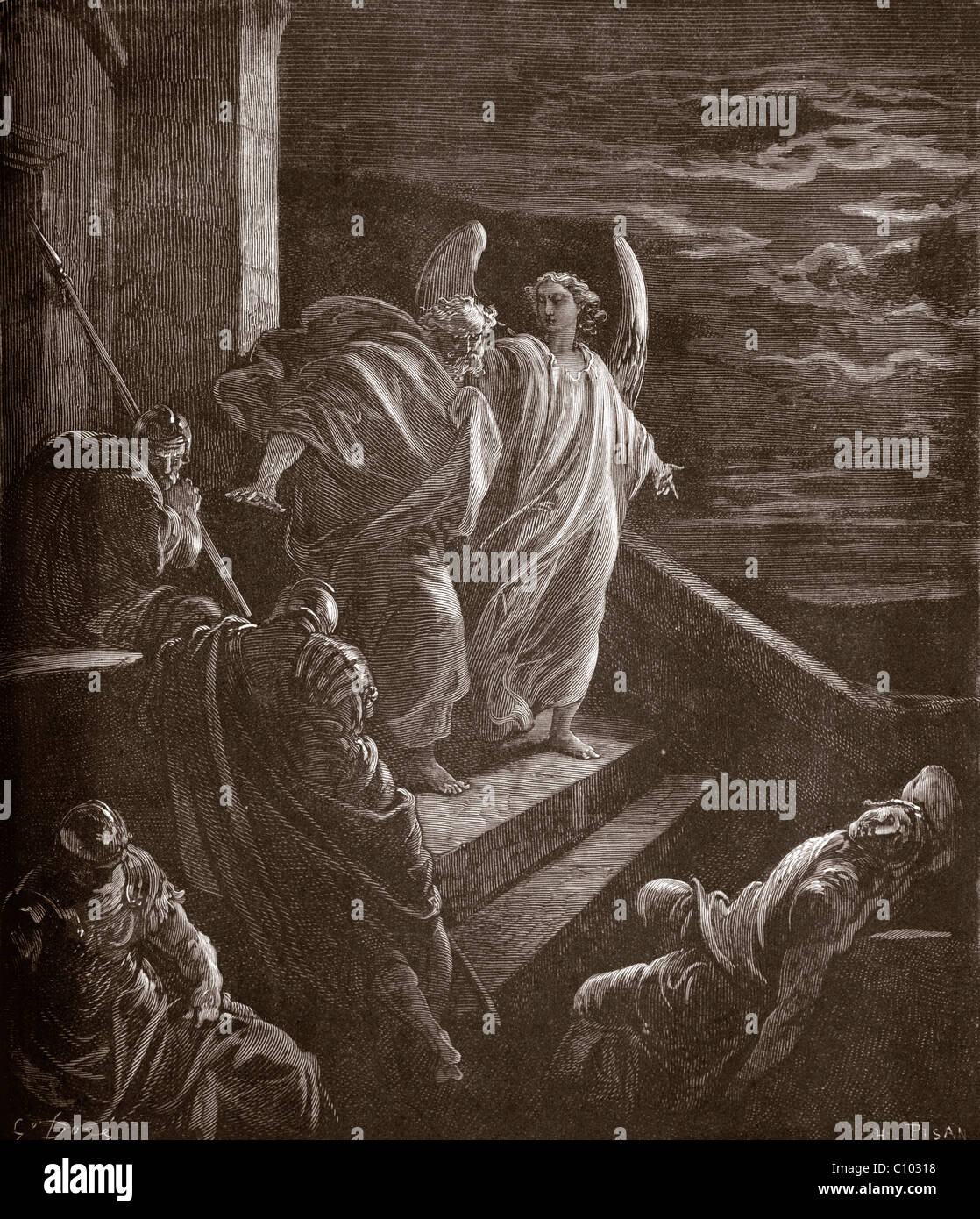 Illustration de la Bible Saint Pierre délivré de prison par Gustave Dore actes 12:7-8 Banque D'Images