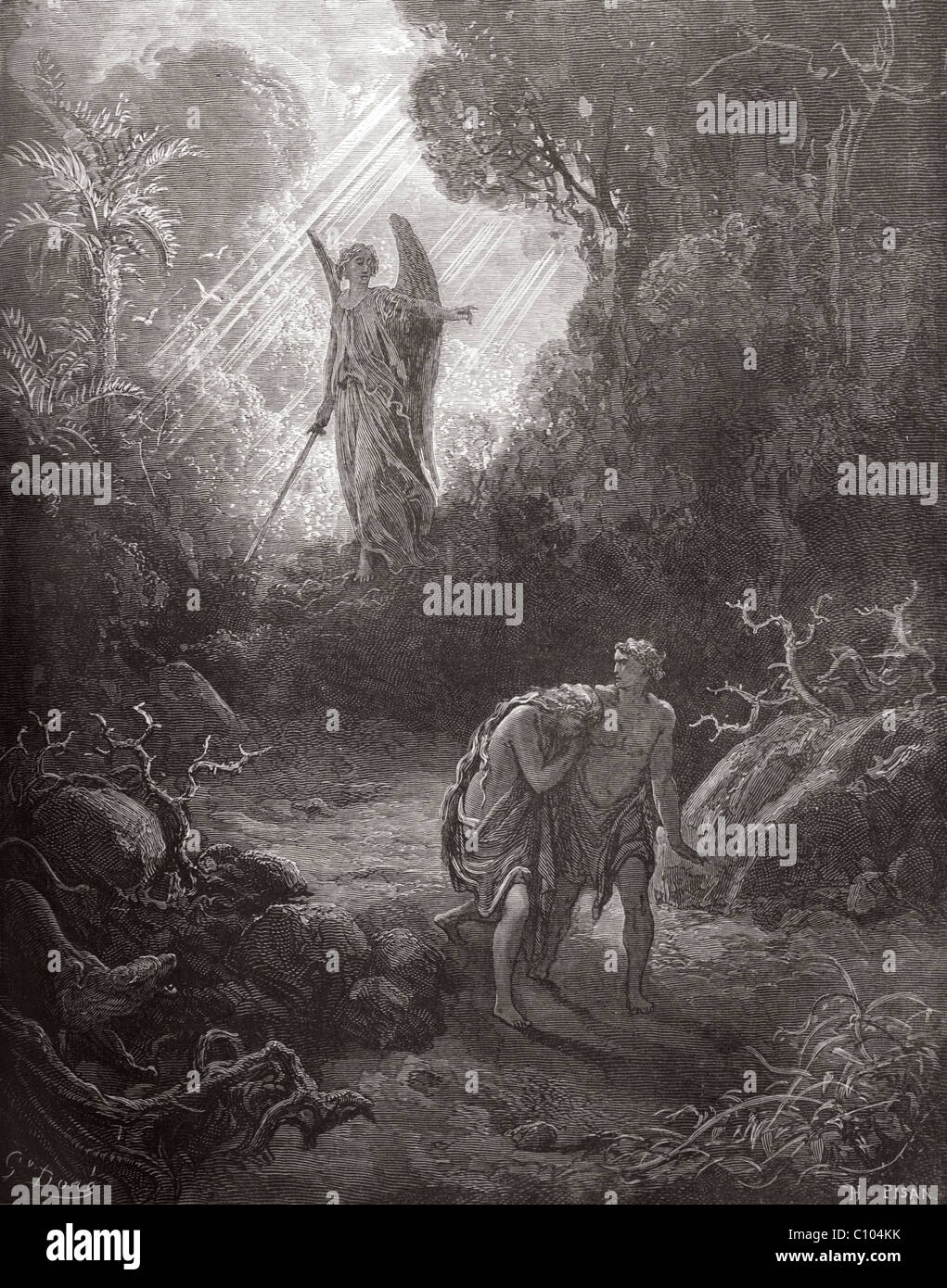 Illustration de la Bible Adam et Eve chassés du jardin d'Éden par Gustave Dore Genèse 3:24 Banque D'Images