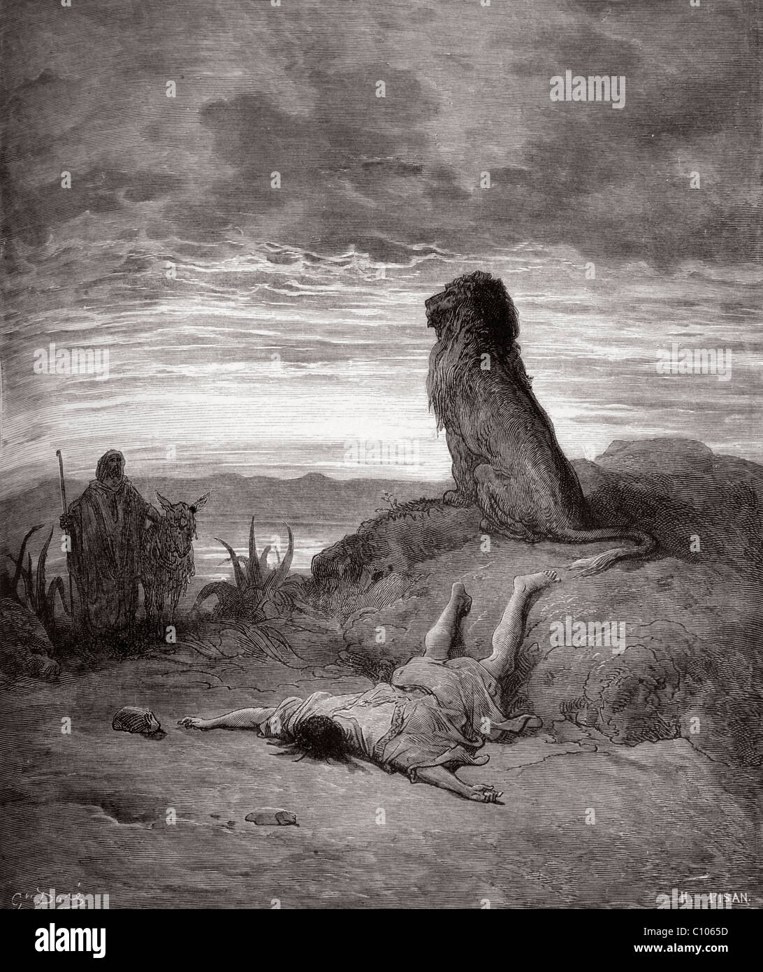 Illustration de la Bible du prophète désobéissant tué par un lion par Gustave Dore 1Kings 13:24-25 ancien Testament et Nevi'im Banque D'Images