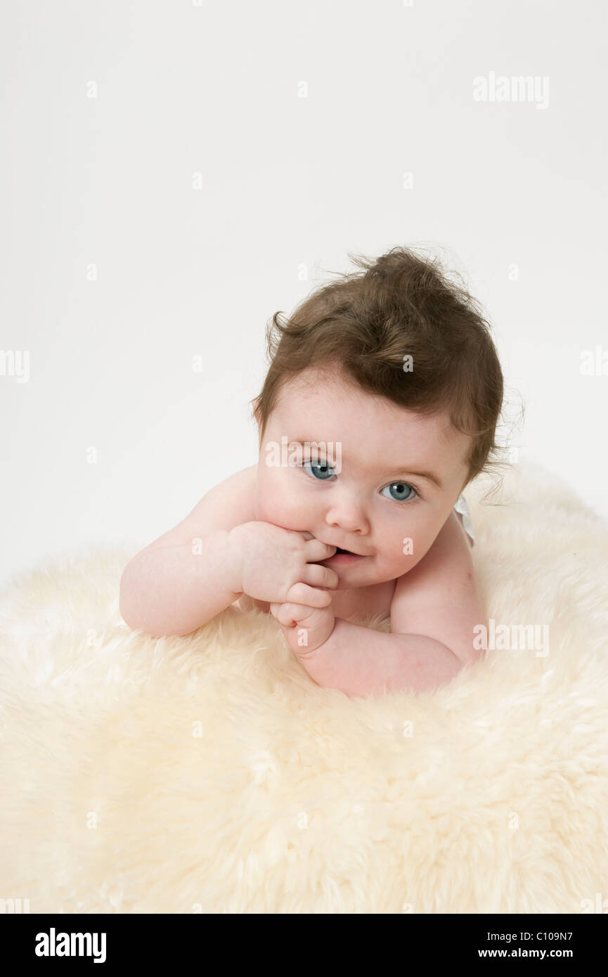 Sept Mois Bebe Nu Sur Une Peau De Mouton Avec L Expression Du Visage Contre Fond Blanc Photo Stock Alamy