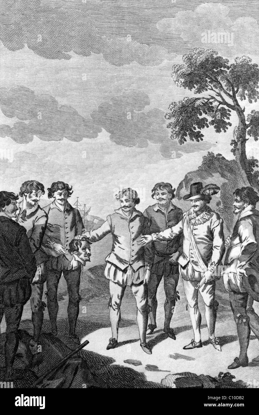 Thomas Doughty décapité par ordre de Sir Francis Drake, à Port Saint Julian, sur la côte de la patagonie Banque D'Images