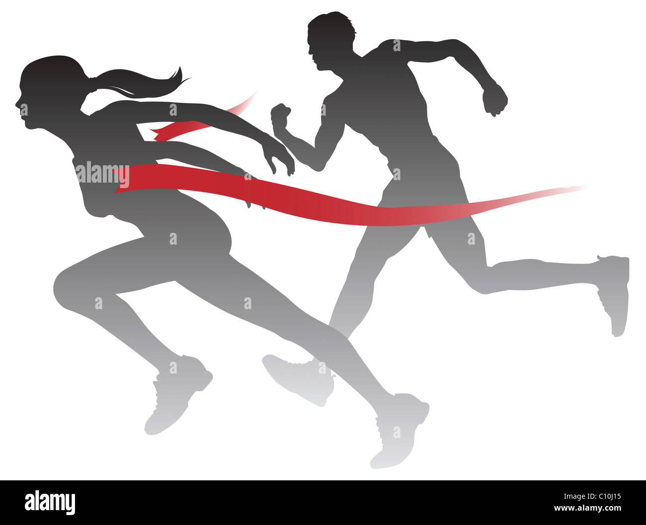 Une femme gagner une course franchir la ligne d'arrivée. Banque D'Images