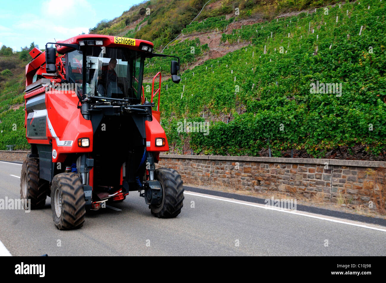 Harvestmachine sur le chemin à la vigne en vallée de la Moselle, Rhénanie-Palatinat, Allemagne, Europe Banque D'Images