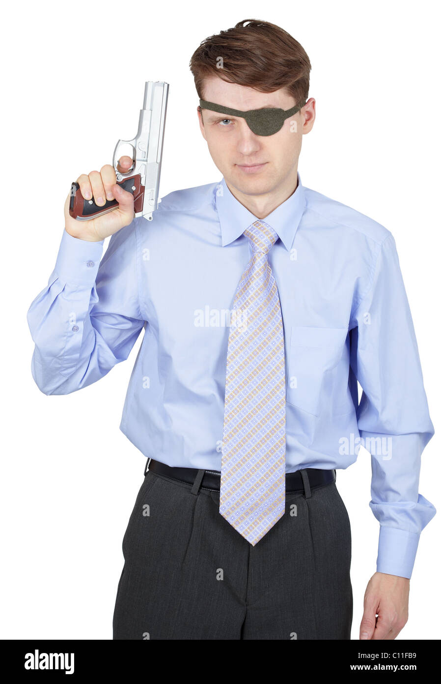 Portrait d'homme armé d'un pistolet sur fond blanc Banque D'Images