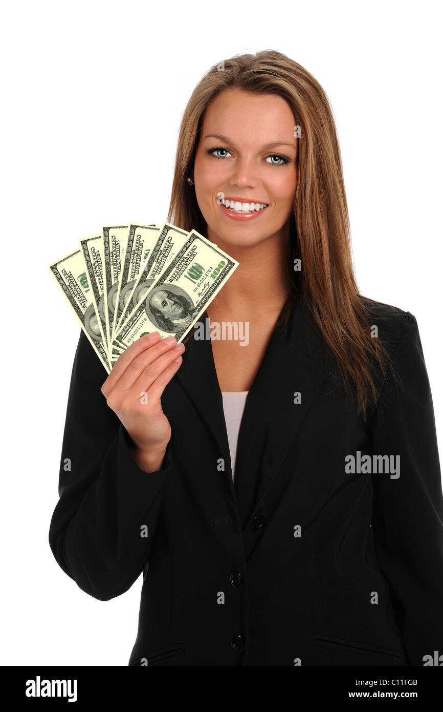 Portrait of young businesswoman holding hundred dollar bills isolé sur fond blanc Banque D'Images