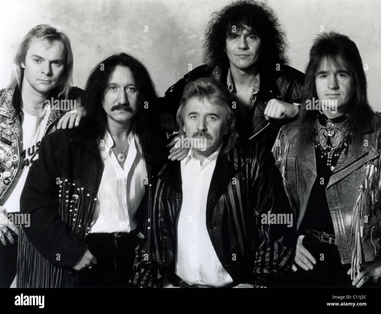 URIAH HEEP photo promotionnelle de groupe de rock britannique de 1980 de l : Bernie Shaw, Mick Box, Lee, Phil Lanzon Franziska Becker, Trevor Bolder Banque D'Images