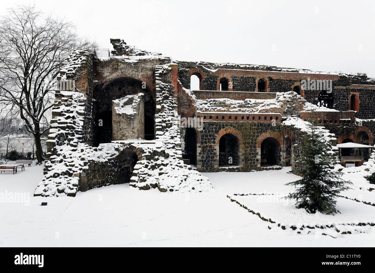 Ruines du palais impérial Kaiserpfalz dans la neige, Duesseldorf-Kaiserswerth, Nordrhein-Westfalen, Germany, Europe Banque D'Images