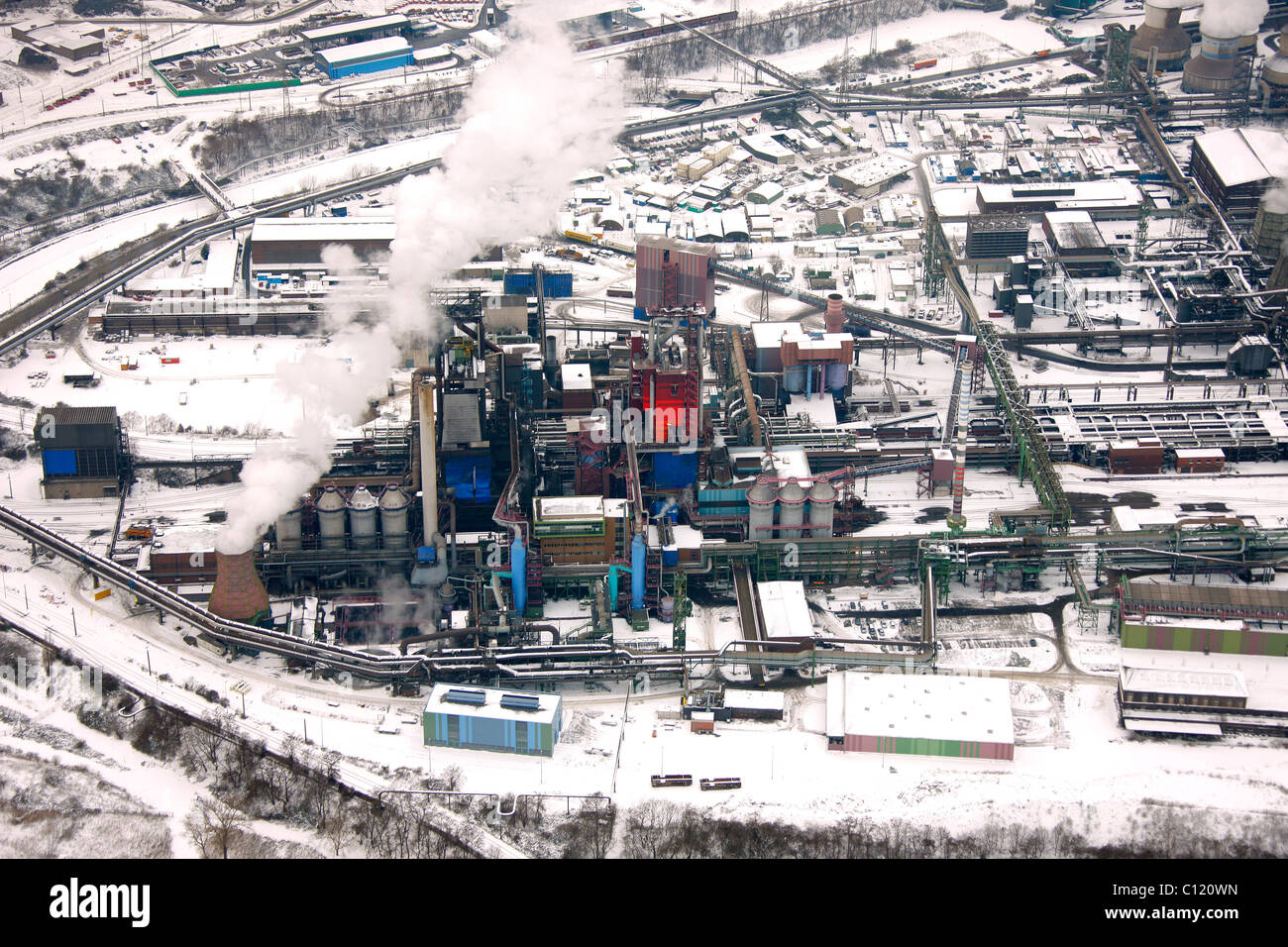 Photo aérienne, les hauts fourneaux, des paysages industriels, ThyssenKrupp Steel, Meiderich, Hamborn, Rhein, Duisburg Banque D'Images