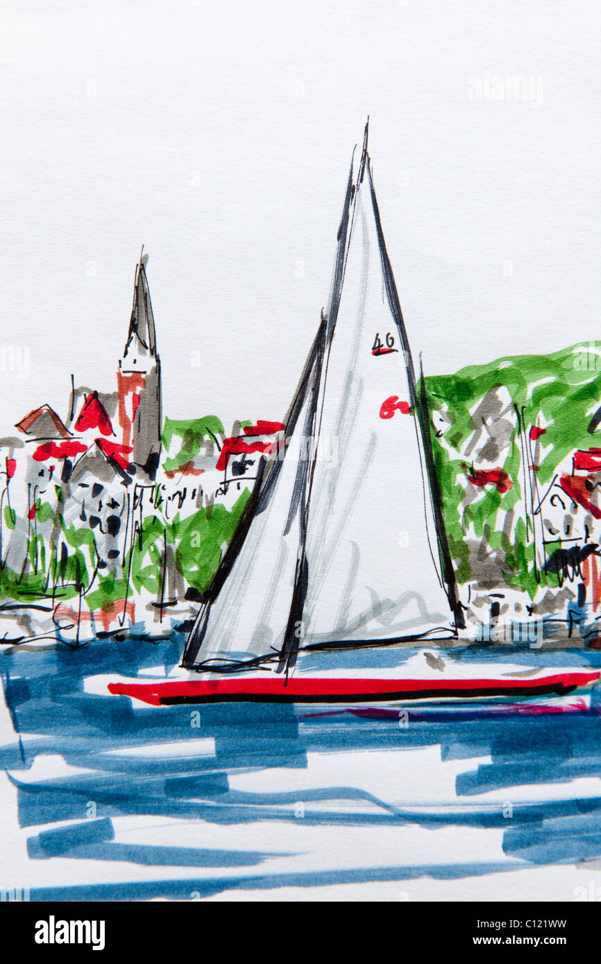 Voilier dans le centre de Flensburg, Flensburg, Schleswig-Holstein, Allemagne du Nord, dessin par artist Gerhard Kraus, Kriftel Banque D'Images