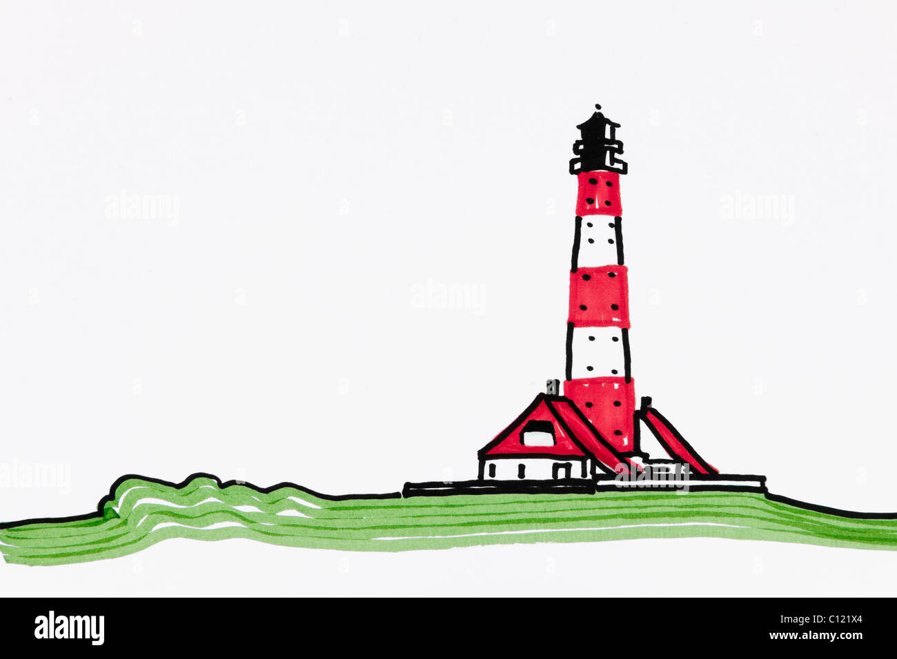 Westerheversand phare, Frise du Nord, Schleswig-Holstein, Allemagne du Nord, dessin par artist Gerhard Kraus, Kriftel Banque D'Images