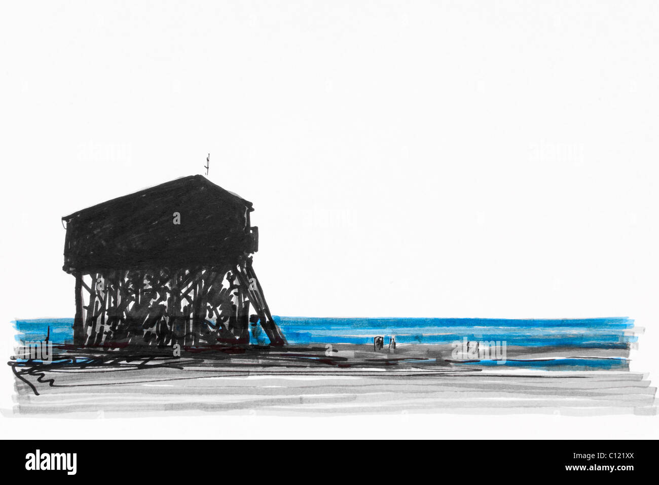 Maison sur pilotis sur la mer du Nord, St Peter Ording, Schleswig-Holstein, Allemagne du Nord, dessin par artist Gerhard Kraus, Kriftel Banque D'Images