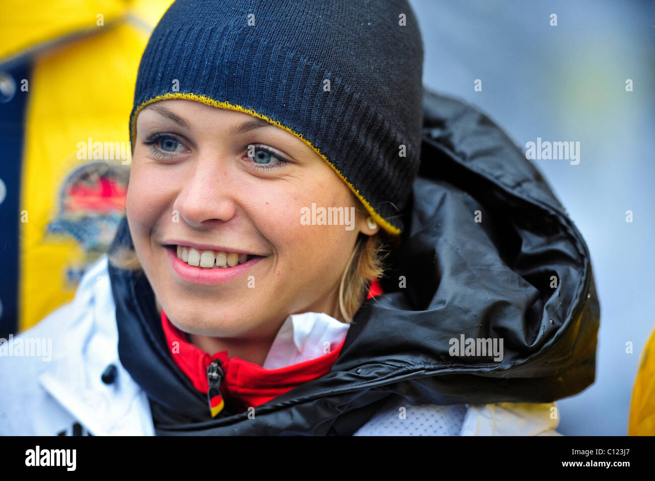 Magdalena Neuner, double médaillé d'or olympique de biathlon, à la réception de l'Olympique allemand, Munich 2010 Banque D'Images