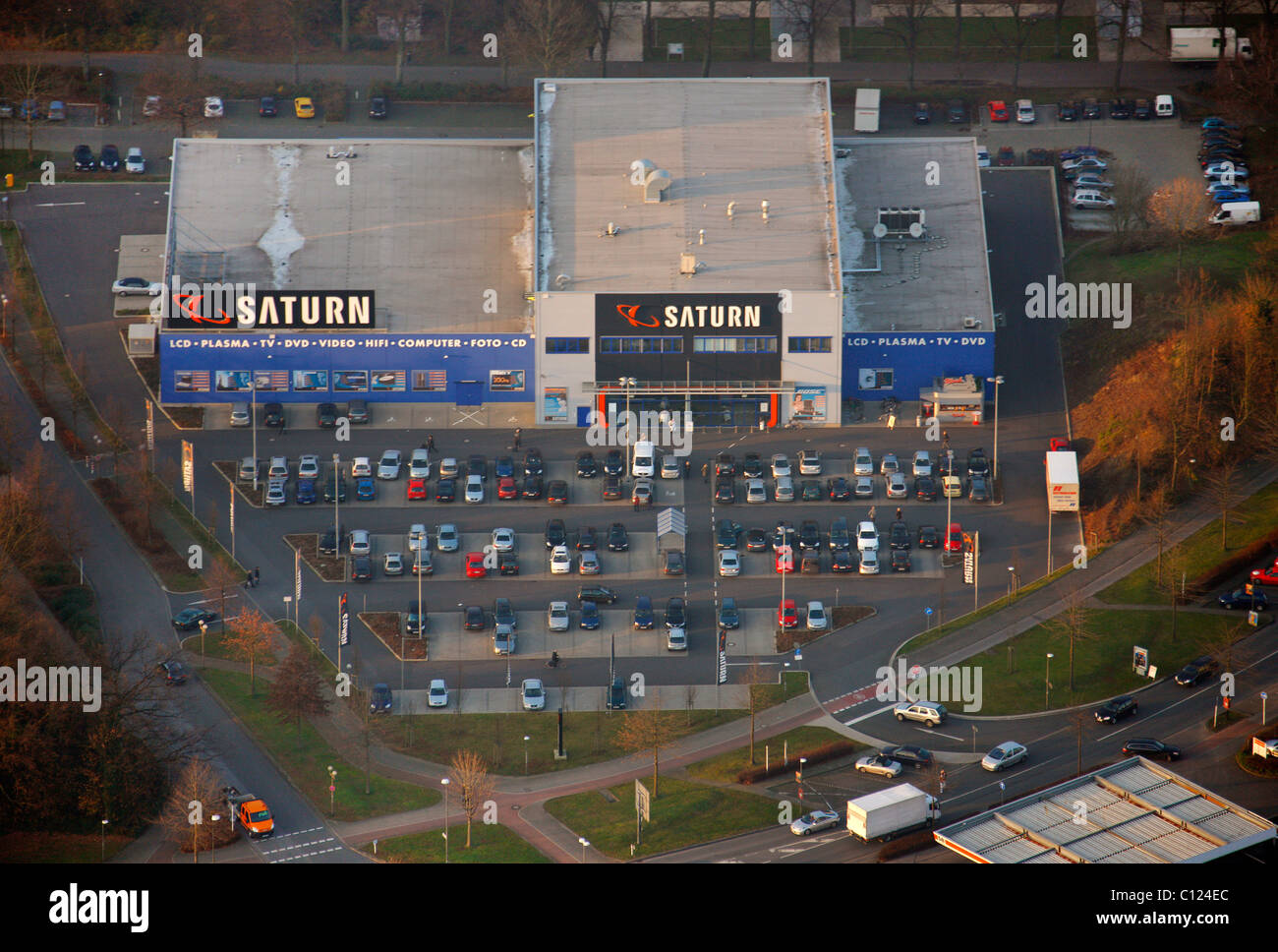 Vue aérienne de l'escompteur, électronique, Saturne, magasin de centre-ville Drewer poursuivi, la Marne, Région de la Ruhr, Rhénanie du Nord-Westphalie Banque D'Images