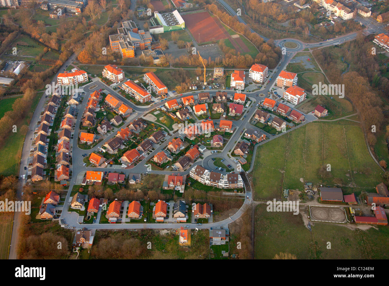 Vue aérienne, l'établissement, zone de construction Huels Hochfeldstrasse, Loentrop, Marne, Région de la Ruhr, Rhénanie du Nord-Westphalie Banque D'Images