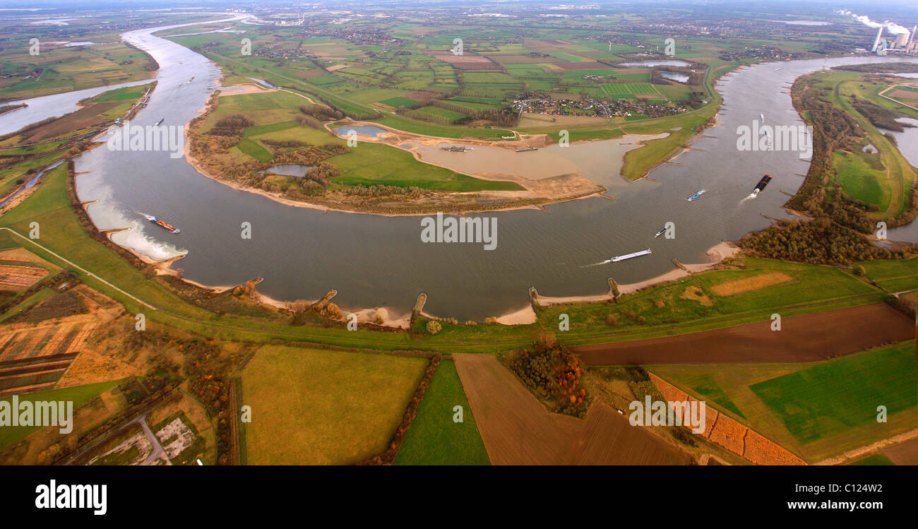 Vue aérienne de la rivière du Rhin, les plaines d'inondation, à River Bend Mehrum, Voerde, Nordrhein-Westfalen, Germany, Europe Banque D'Images