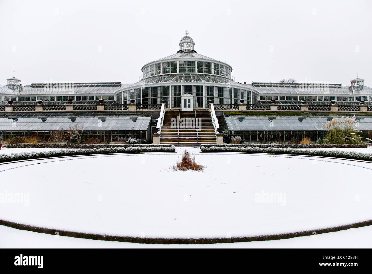 La neige a couvert Jardin Botanique à Copenhague, Danemark, Europe Banque D'Images