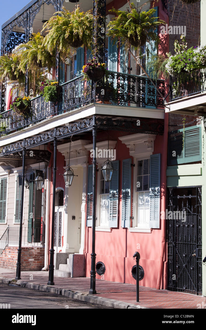 Maison Créole avec un balcon en fer forgé avec des semoirs suspendus dans le quartier français de La Nouvelle-Orléans, Louisiane Banque D'Images