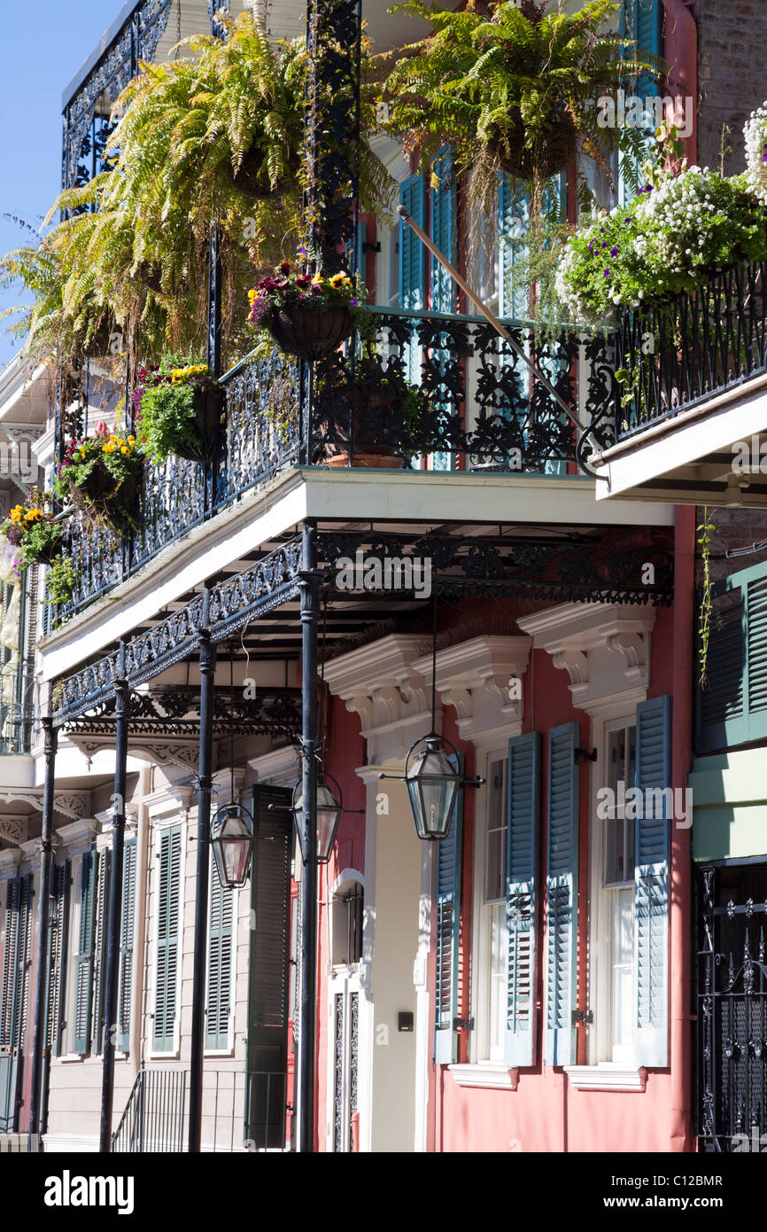 Maison Créole avec un balcon en fer forgé avec des semoirs suspendus dans le quartier français de La Nouvelle-Orléans, Louisiane Banque D'Images
