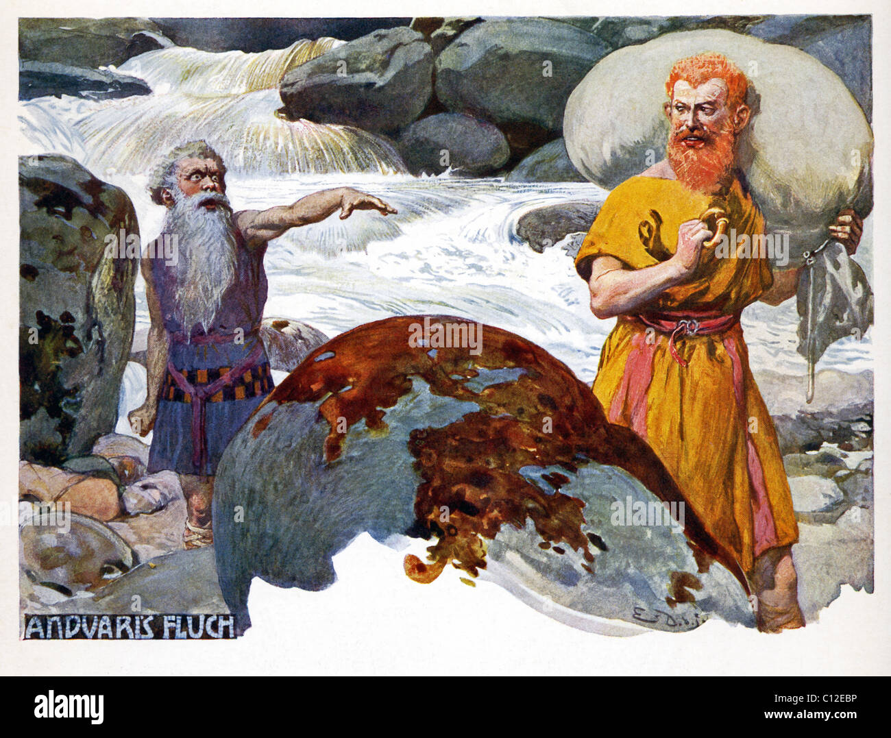 Dans cette illustration, 1905 Andwari (à gauche) l'anneau maudit Loki est maintenant qu'il marche avec elle et le trésor. Banque D'Images