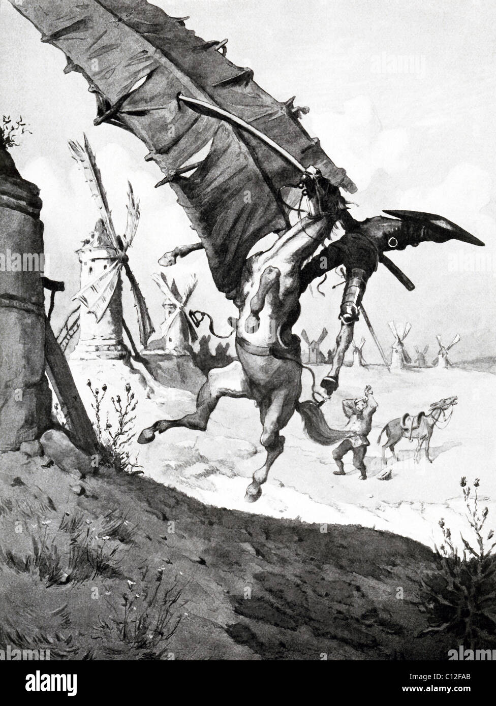 Don Quichotte, accompagné de Sancho Panza (en arrière-plan), sur sa première aventure-attaquer les moulins à vent, qu'il considère comme des géants. Banque D'Images