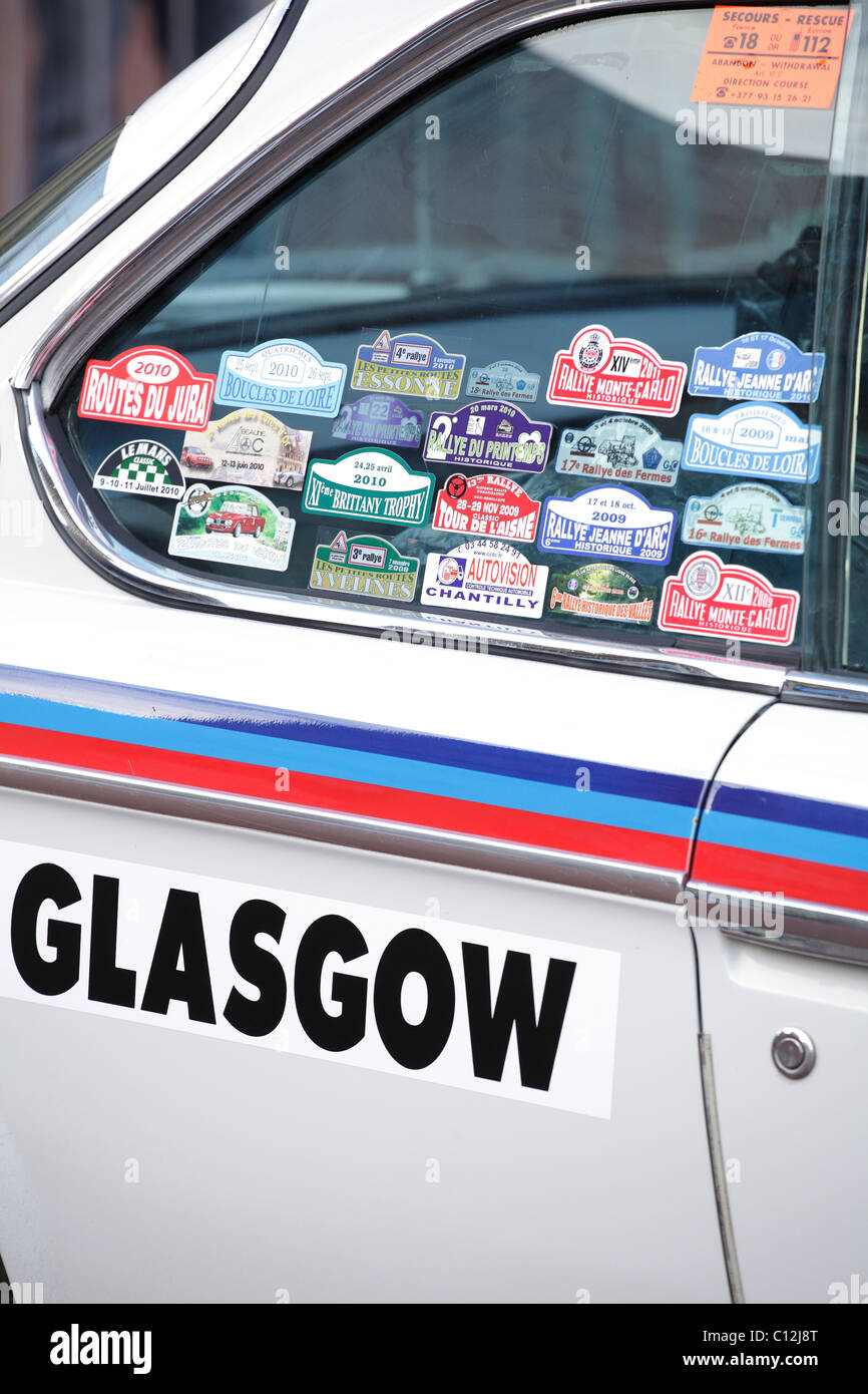 Monte Carlo Rally Glasgow, détail d'une voiture garée avant le départ, Écosse, Royaume-Uni Banque D'Images