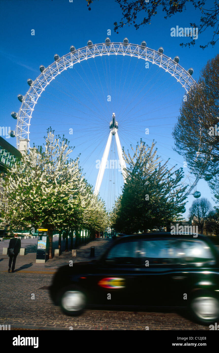 Un taxi noir passe blossom dans Jubilee Gardens avec le London Eye en arrière-plan Banque D'Images