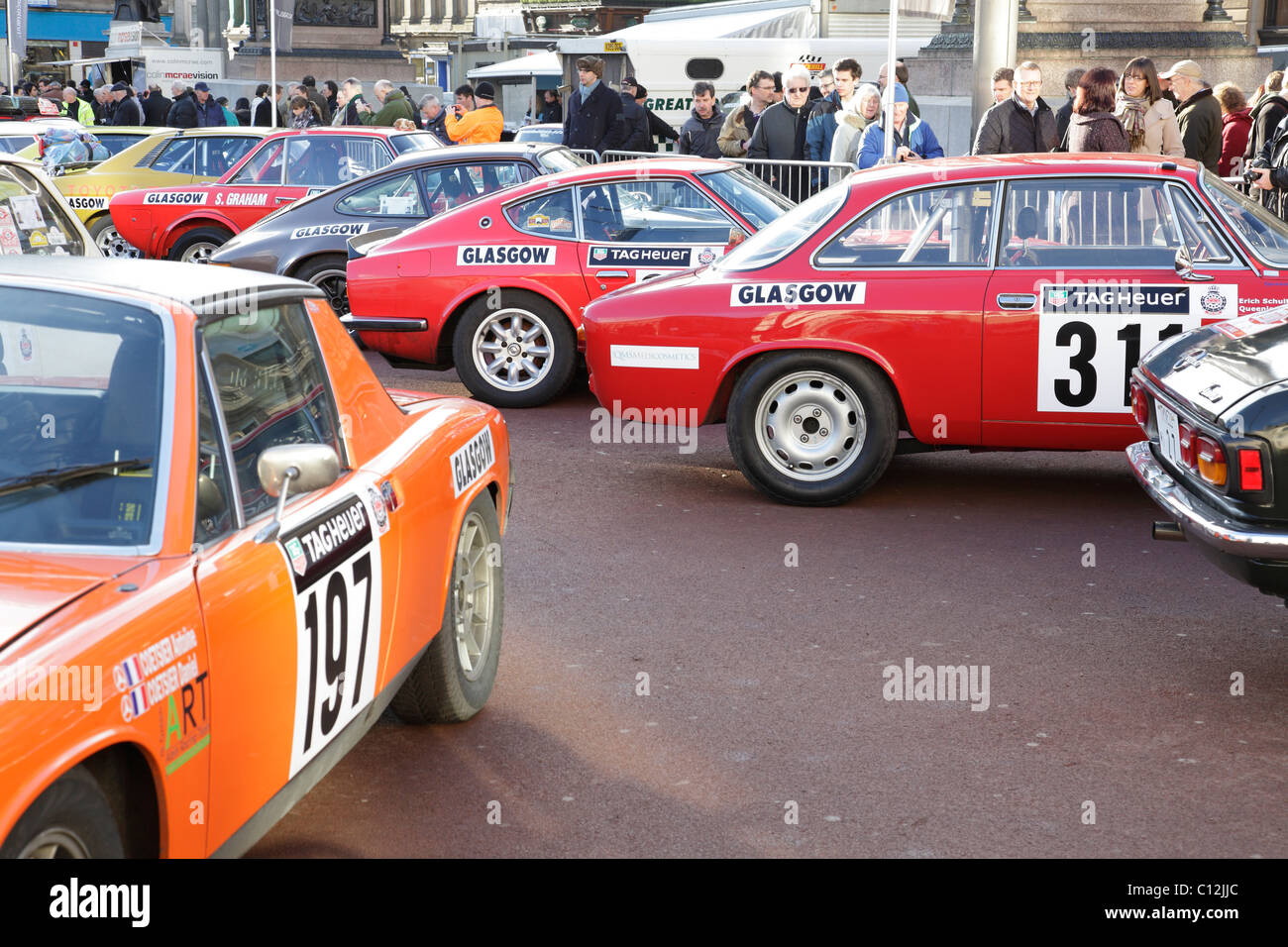 Monte Carlo Rally Glasgow, voitures garées avant le départ, Écosse, Royaume-Uni Banque D'Images