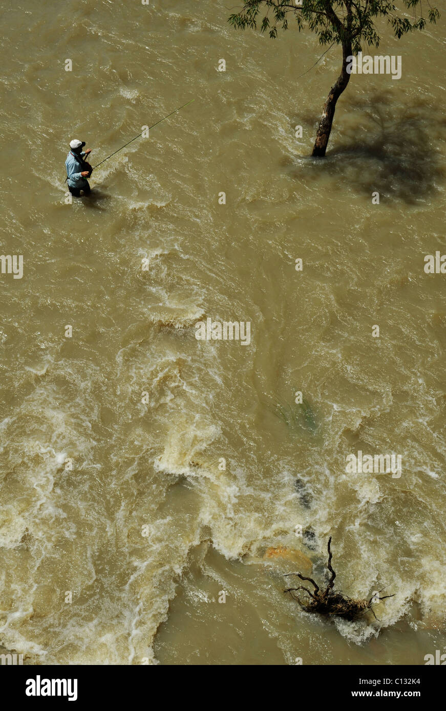 La pêche à la mouche dans de forts de l'eau brune du fleuve Vaal la pêche de poisson jaune locale Afrique du mouvement quotidien Sport Banque D'Images